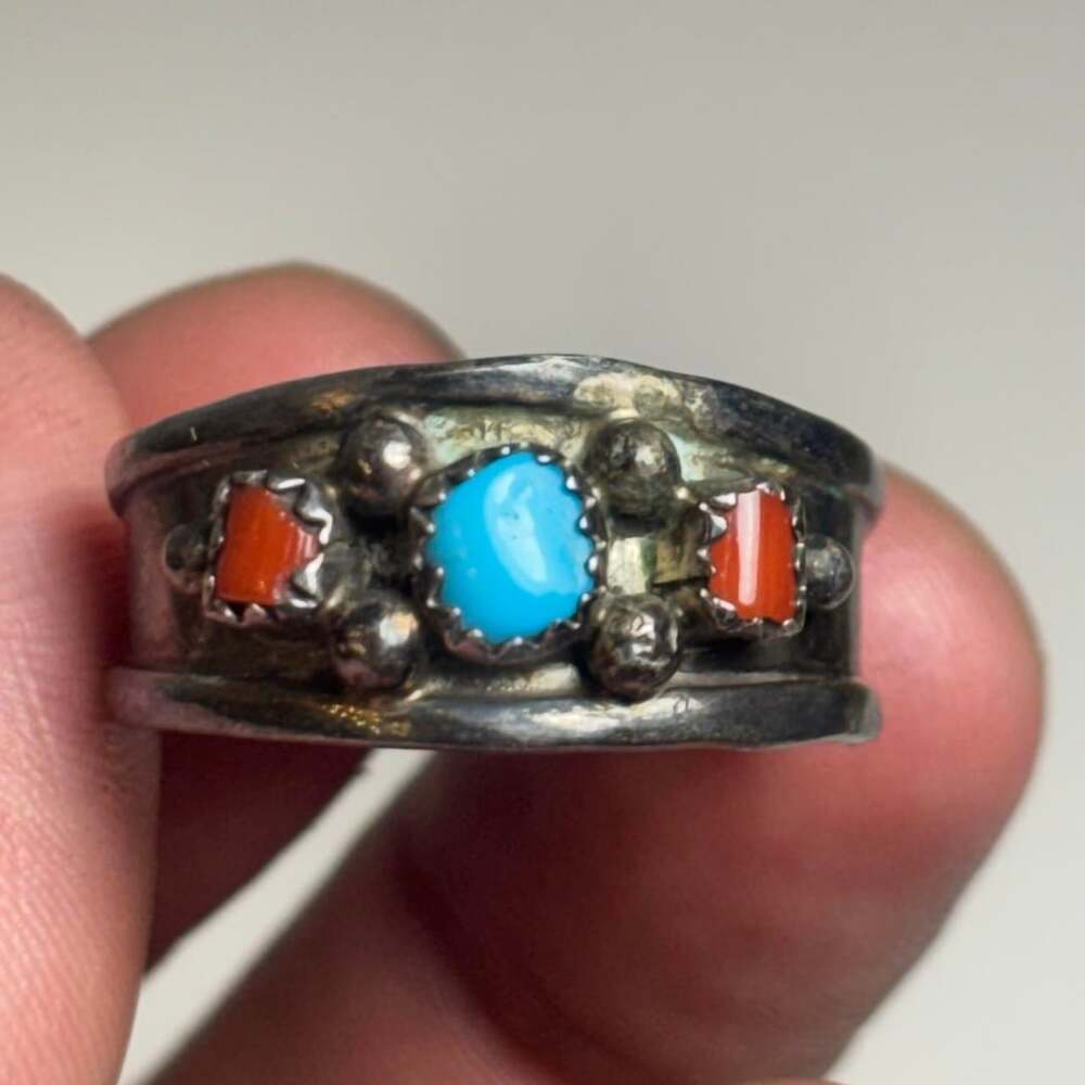 Vintage EC Sterling Silver Turquoise Coral Southwestern Ring 12.5
